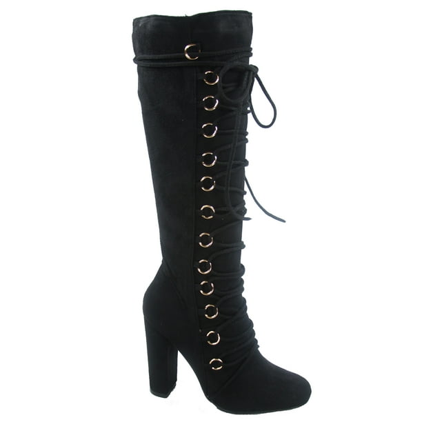 Women/'s Lace Up Side Zip Mid-Calf Knee High Chunky High Heel Boots 5.5-10 NEW